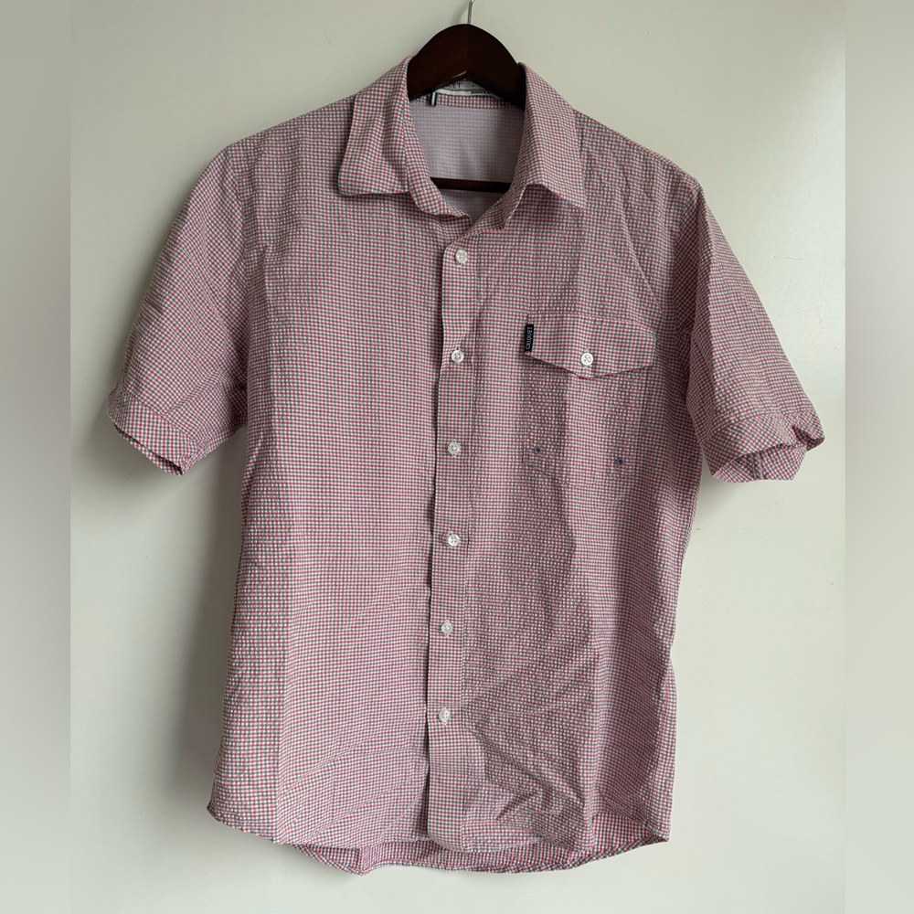 Cirquiet Short Sleeve Button Down Vented Shirt Men Small Red Blue Check Outdoor